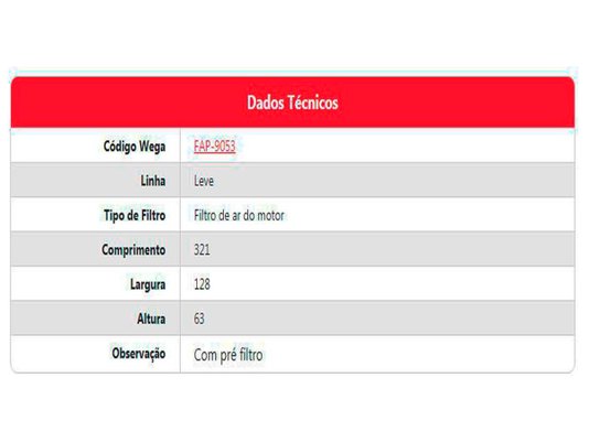 Filtro De Ar (Audi) A4 1.8 14> A4 2.0 08>, A5 1.8 13>, A5 2.0 08>, Q5 09>, Rs Q3 14>, S5 3.0 09> E S5 4.2 07> Wega Fap9053