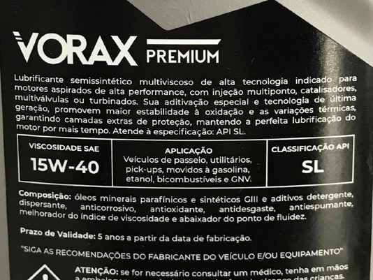 Óleo Lubrificante Semissintético - Vorax Premium Sae 15w-40 Sl - 1 Litro